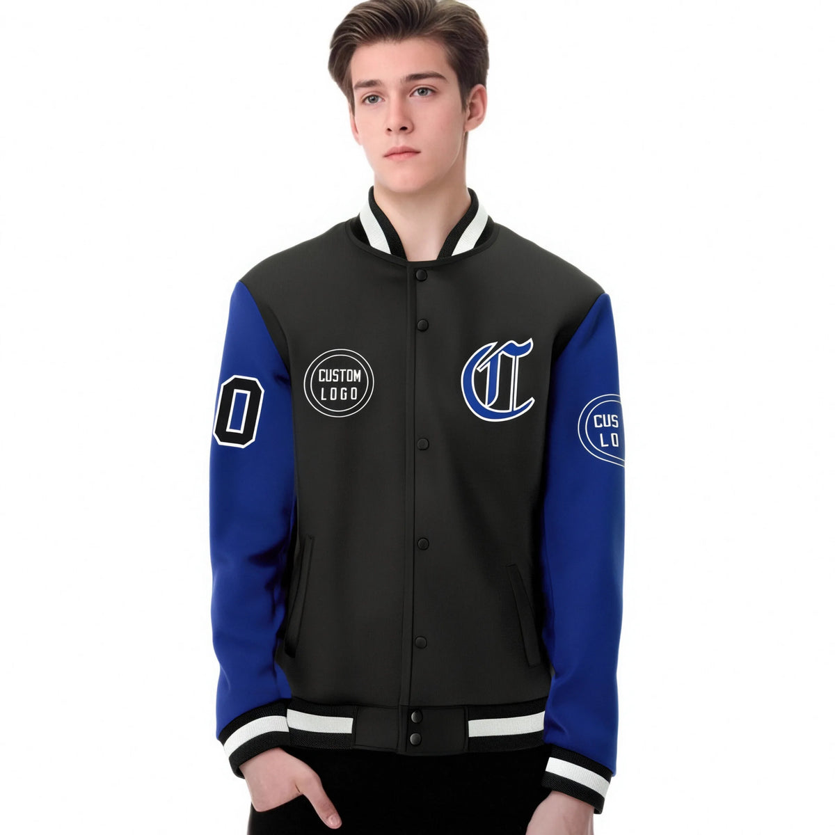 Custom Black Royal Blue Bomber Full-Snap Varsity Letterman Two Tone Jacket