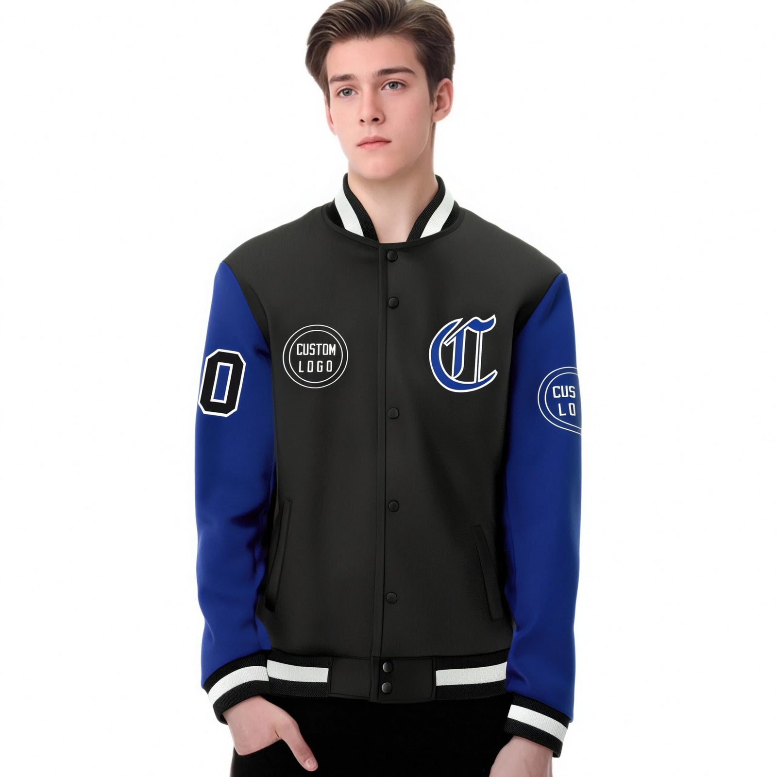 Custom Black Royal Blue Bomber Full-Snap Varsity Letterman Two Tone Jacket