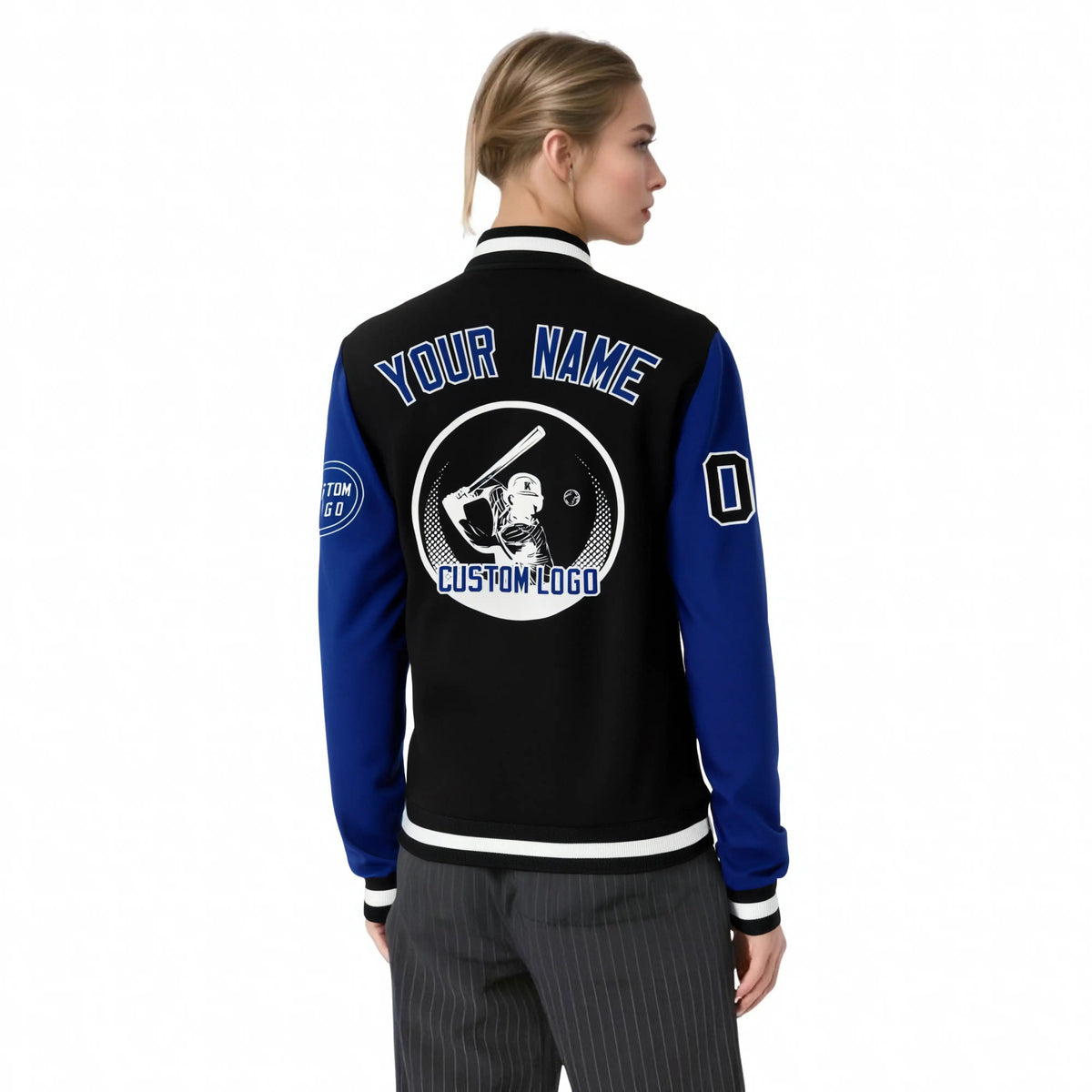 Custom Black Royal Blue Bomber Full-Snap Varsity Letterman Two Tone Jacket