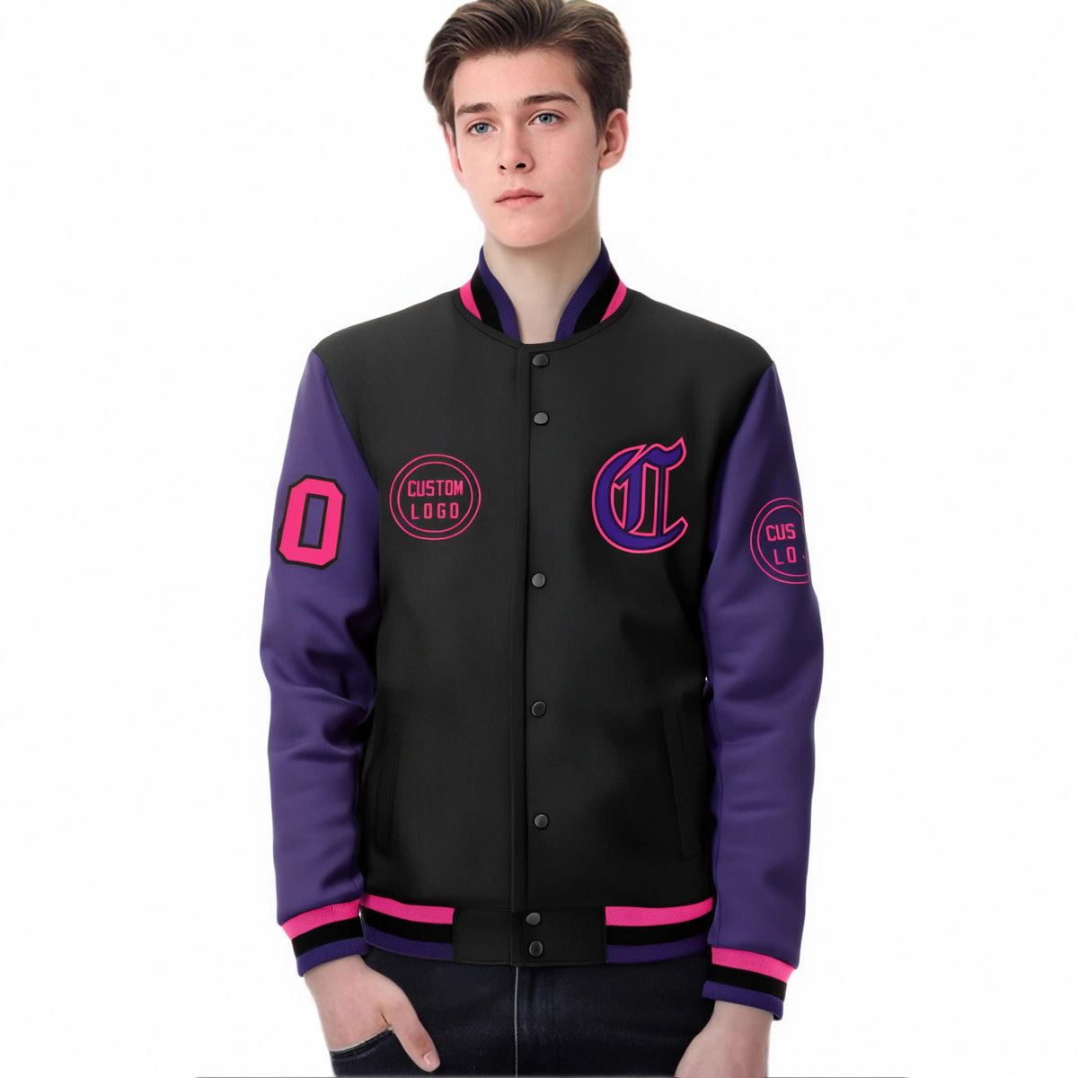 Custom Black Purple Bomber Full-Snap Varsity Letterman Two Tone Jacket