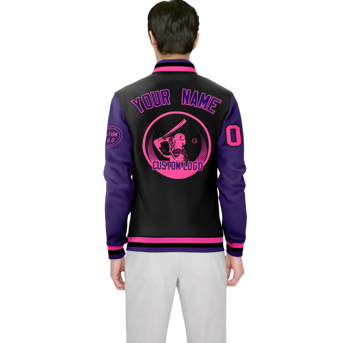 Custom Black Purple Bomber Full-Snap Varsity Letterman Two Tone Jacket