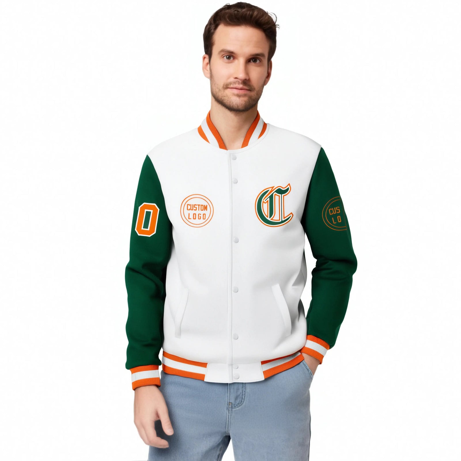 Custom White Green Bomber Full-Snap Varsity Letterman Two Tone Jacket