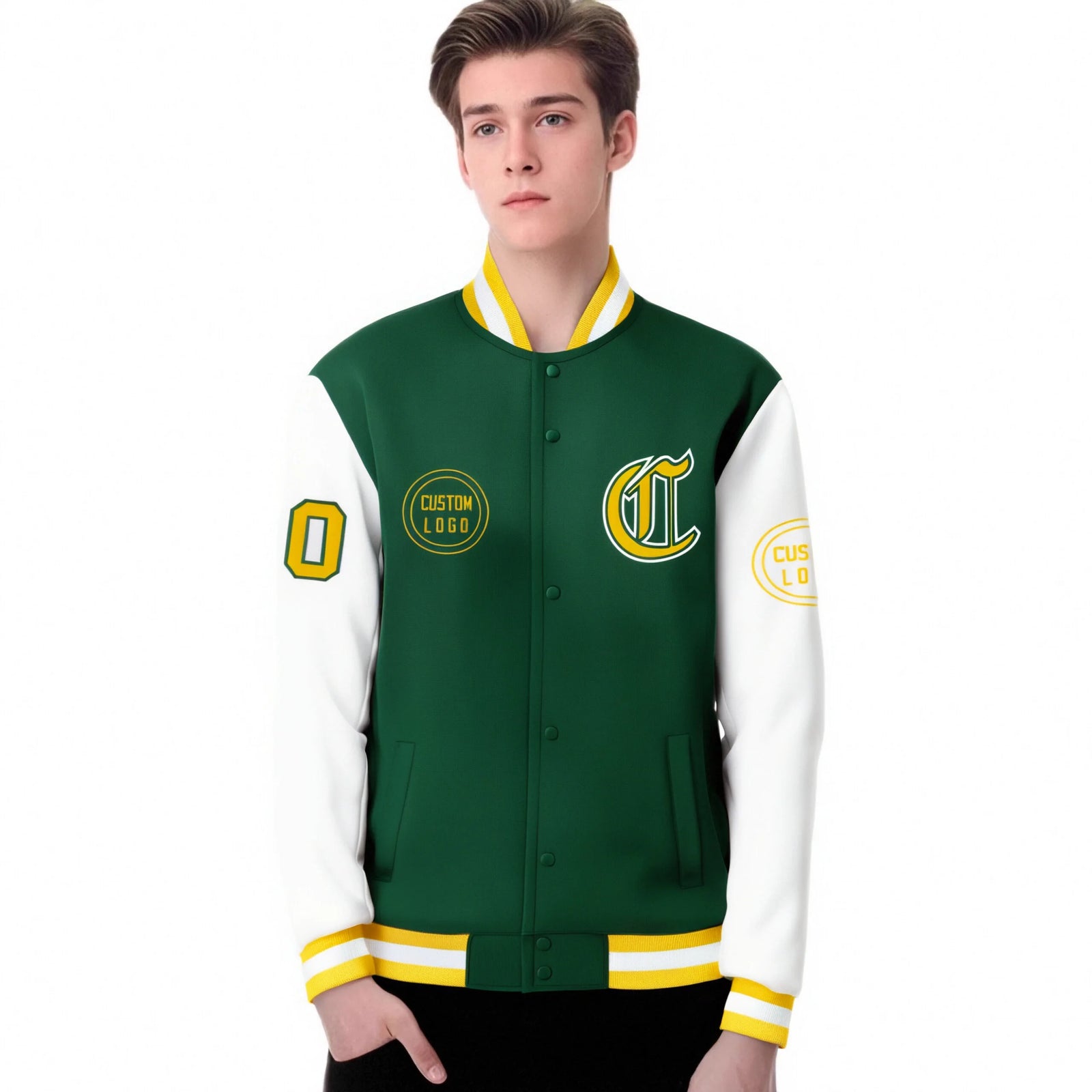 Custom Green White Bomber Full-Snap Varsity Letterman Two Tone Jacket