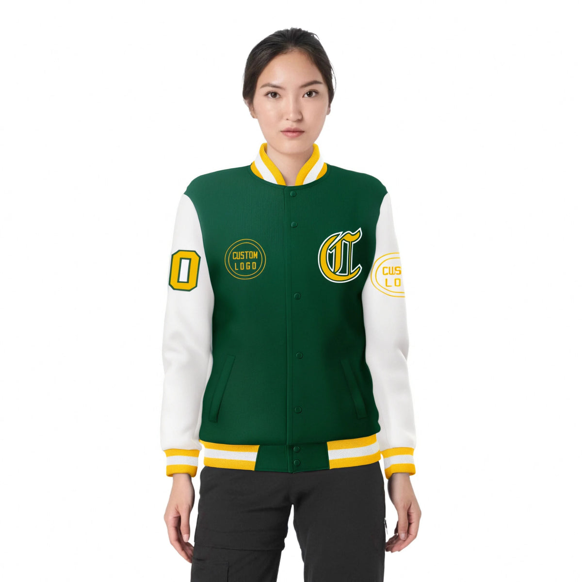 Custom Green White Bomber Full-Snap Varsity Letterman Two Tone Jacket