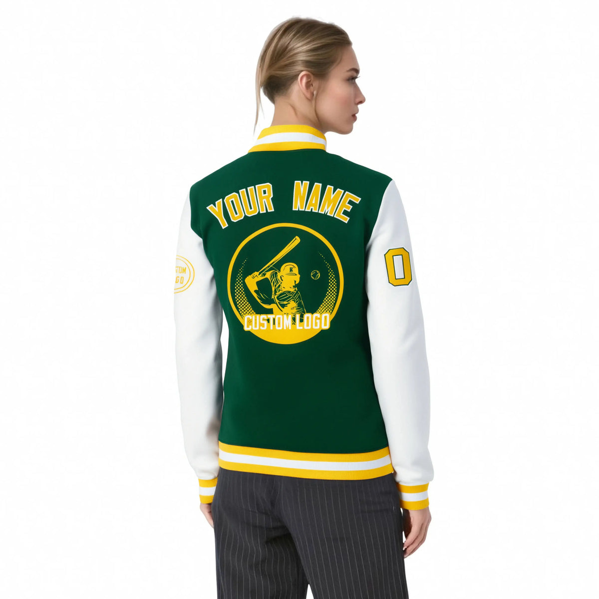 Custom Green White Bomber Full-Snap Varsity Letterman Two Tone Jacket
