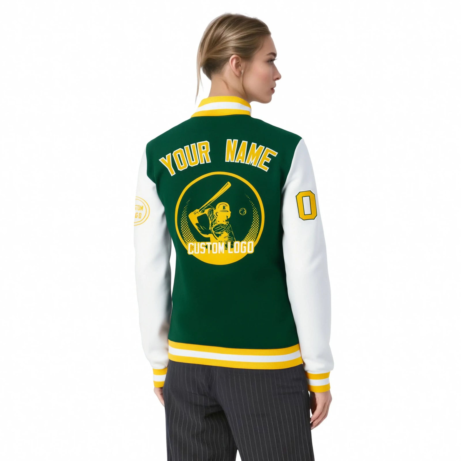 Custom Green White Bomber Full-Snap Varsity Letterman Two Tone Jacket
