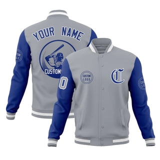Chaqueta bomber azul rey gris personalizada con cierre completo y estilo universitario Letterman en dos tonos