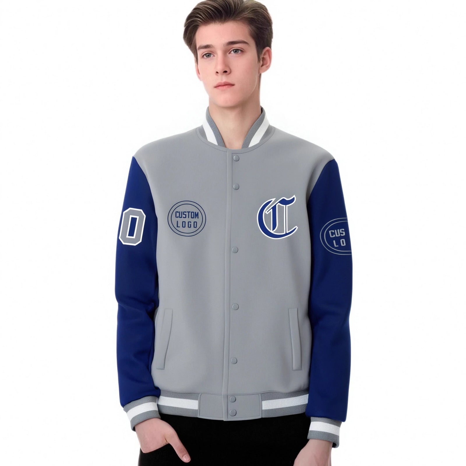 Custom Gray Royal Blue Bomber Full-Snap Varsity Letterman Two Tone Jacket