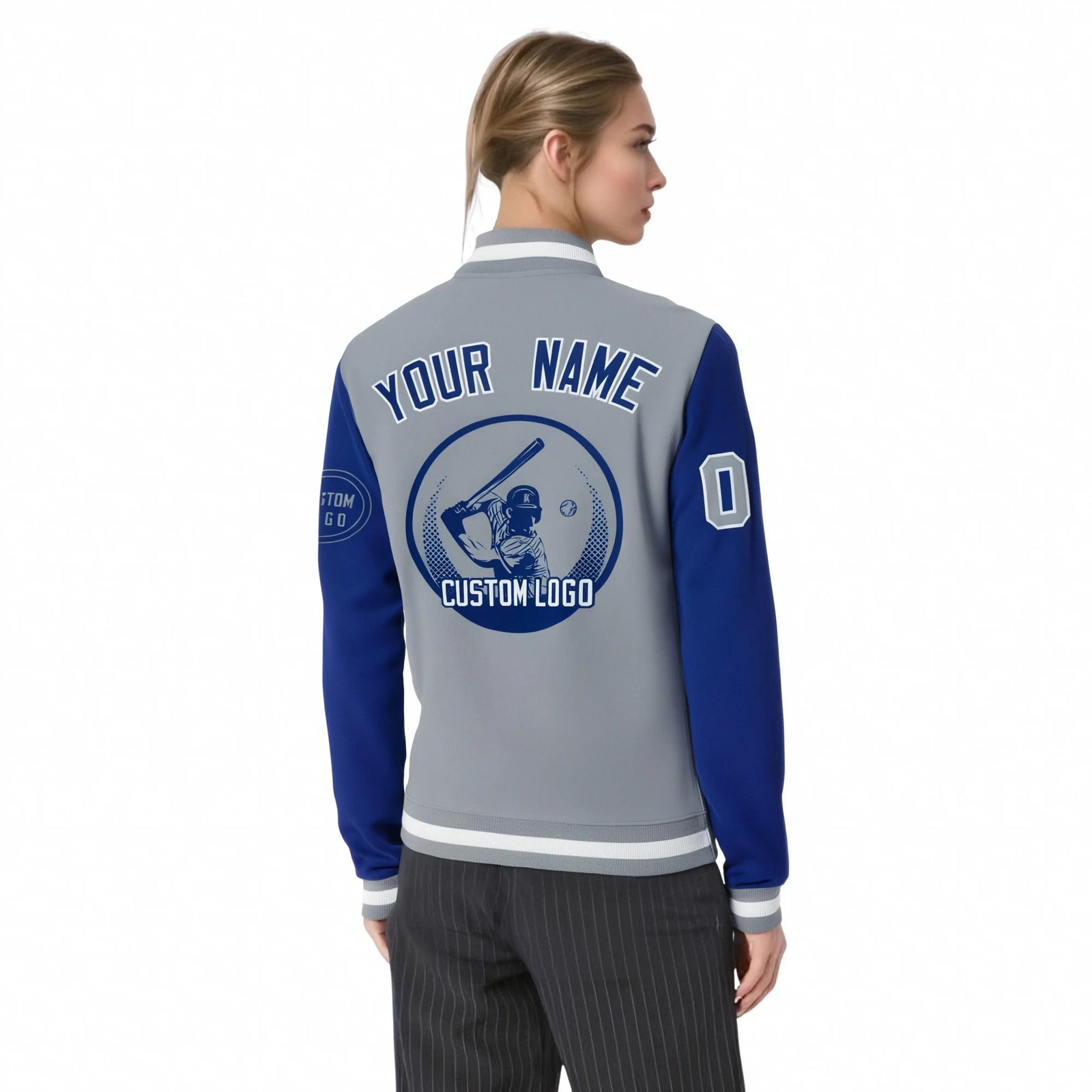 Custom Gray Royal Blue Bomber Full-Snap Varsity Letterman Two Tone Jacket