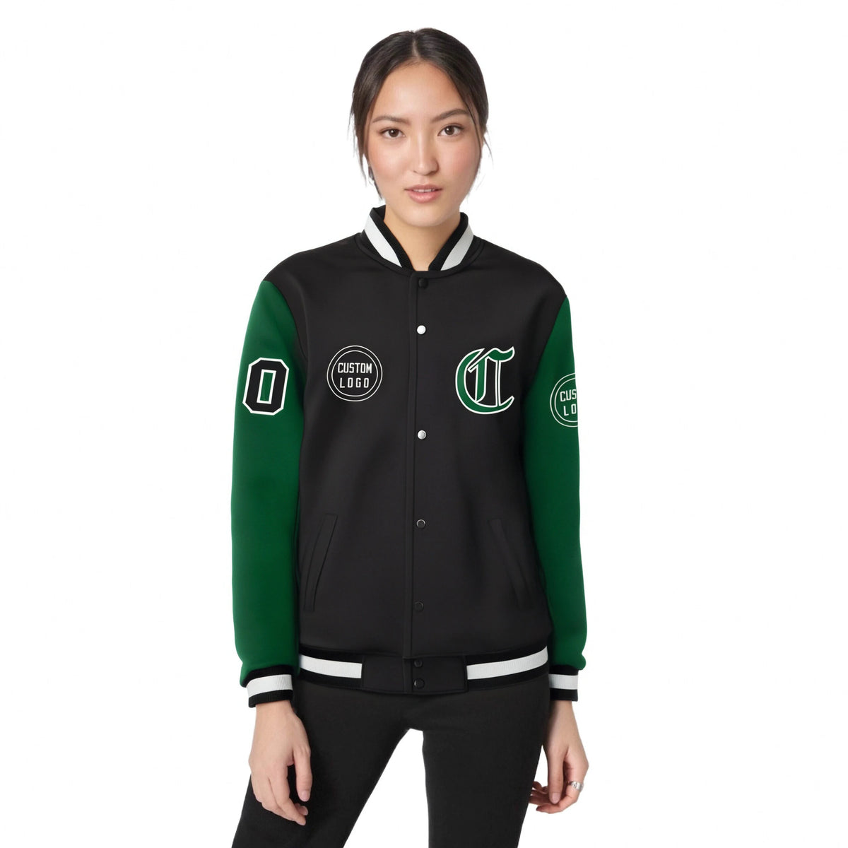 Custom Black Green Bomber Full-Snap Varsity Letterman Two Tone Jacket