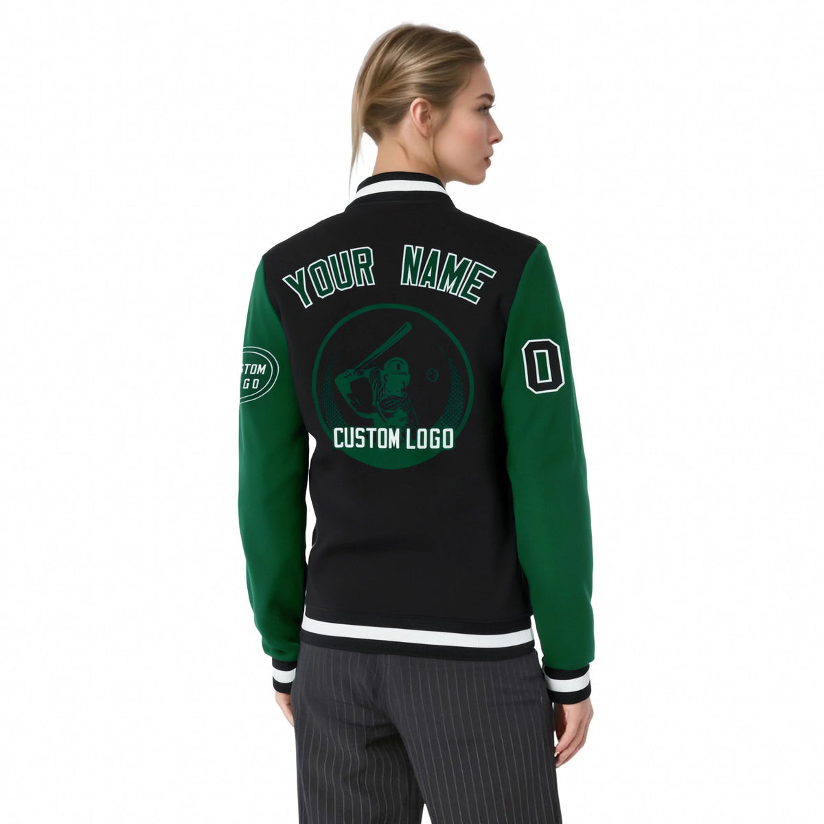 Custom Black Green Bomber Full-Snap Varsity Letterman Two Tone Jacket