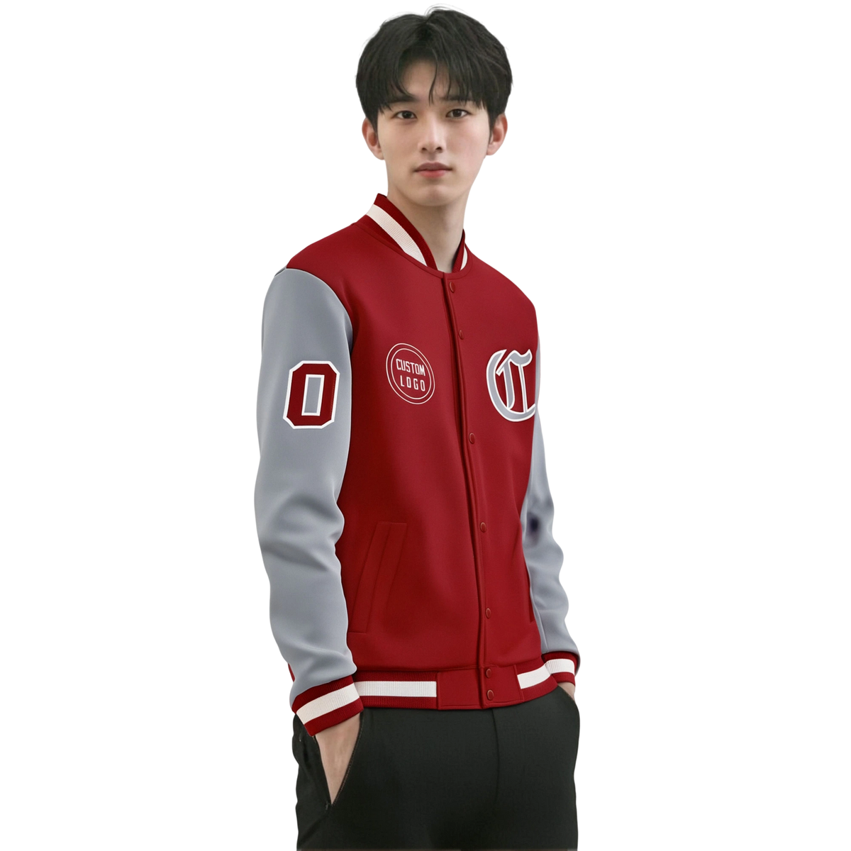 Custom Red Gray Bomber Full-Snap Varsity Letterman Two Tone Jacket
