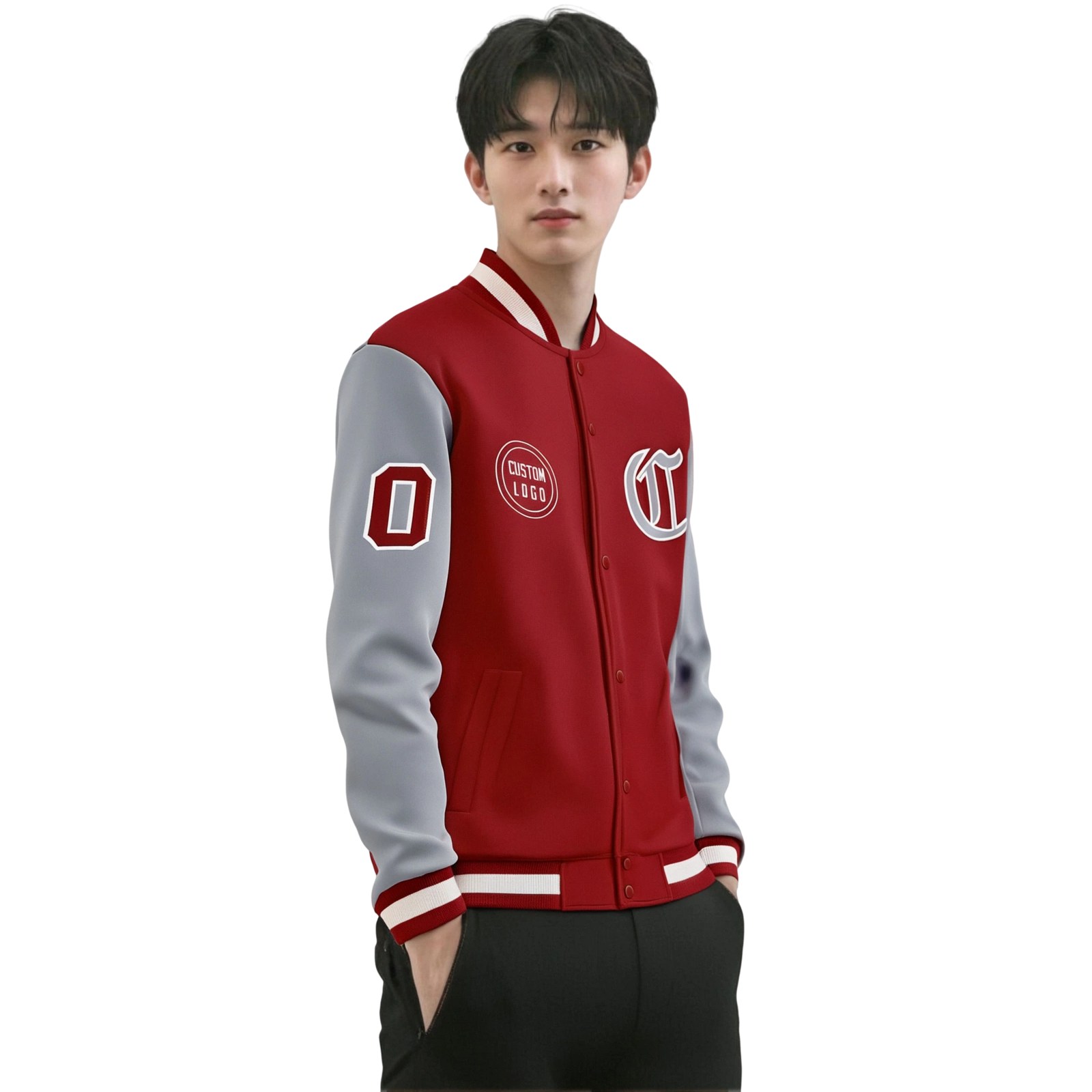 Custom Red Gray Bomber Full-Snap Varsity Letterman Two Tone Jacket