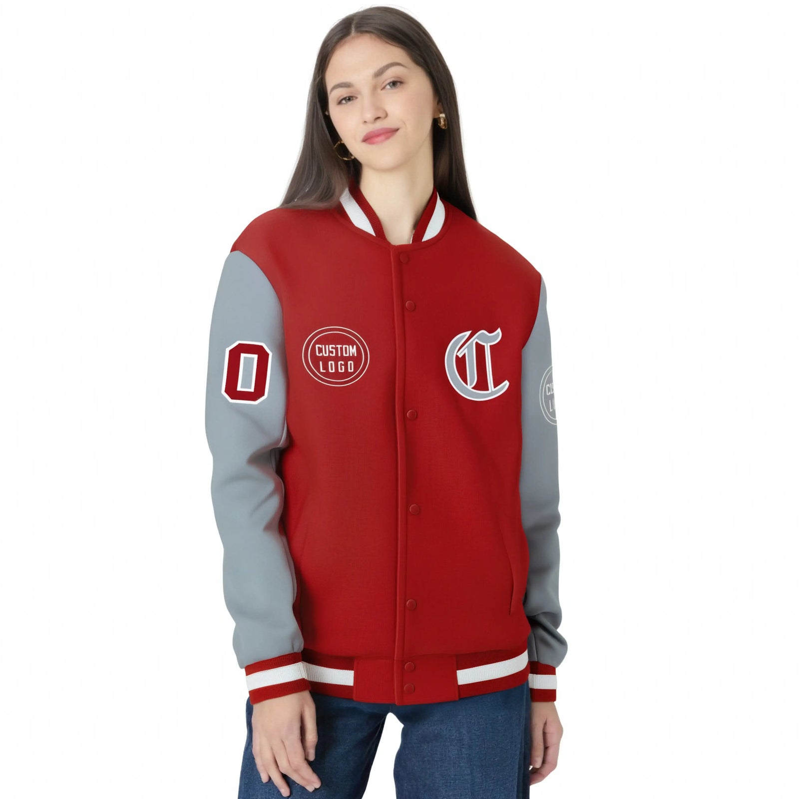 Custom Red Gray Bomber Full-Snap Varsity Letterman Two Tone Jacket