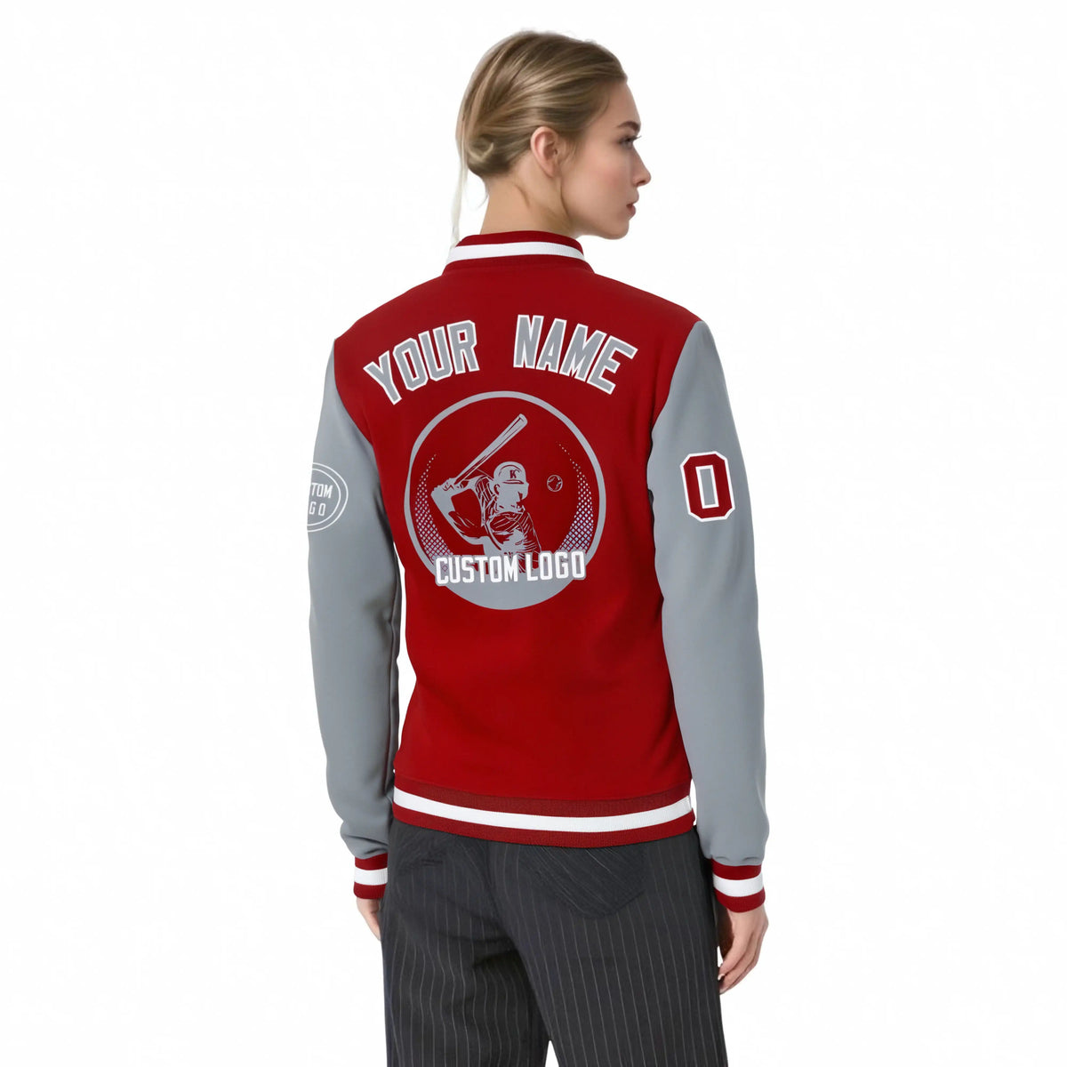 Custom Red Gray Bomber Full-Snap Varsity Letterman Two Tone Jacket