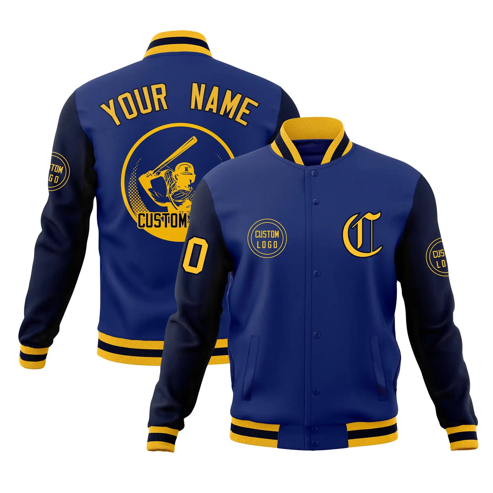 Custom Royal Blue Navy Bomber Full-Snap Varsity Letterman Two Tone Jacket