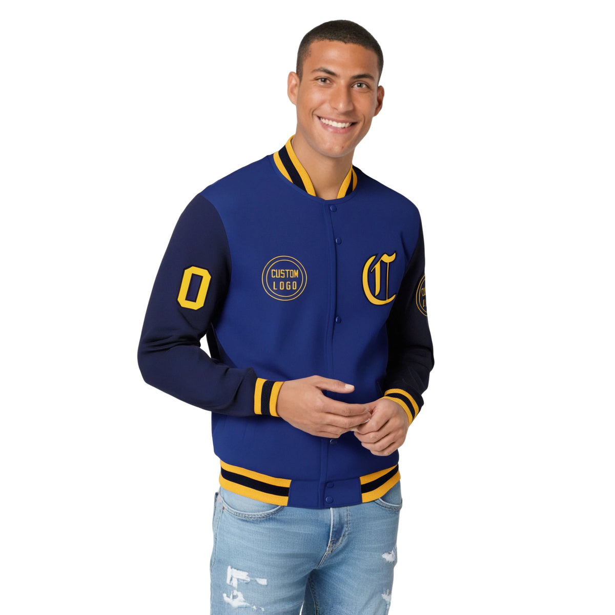 Custom Royal Blue Navy Bomber Full-Snap Varsity Letterman Two Tone Jacket