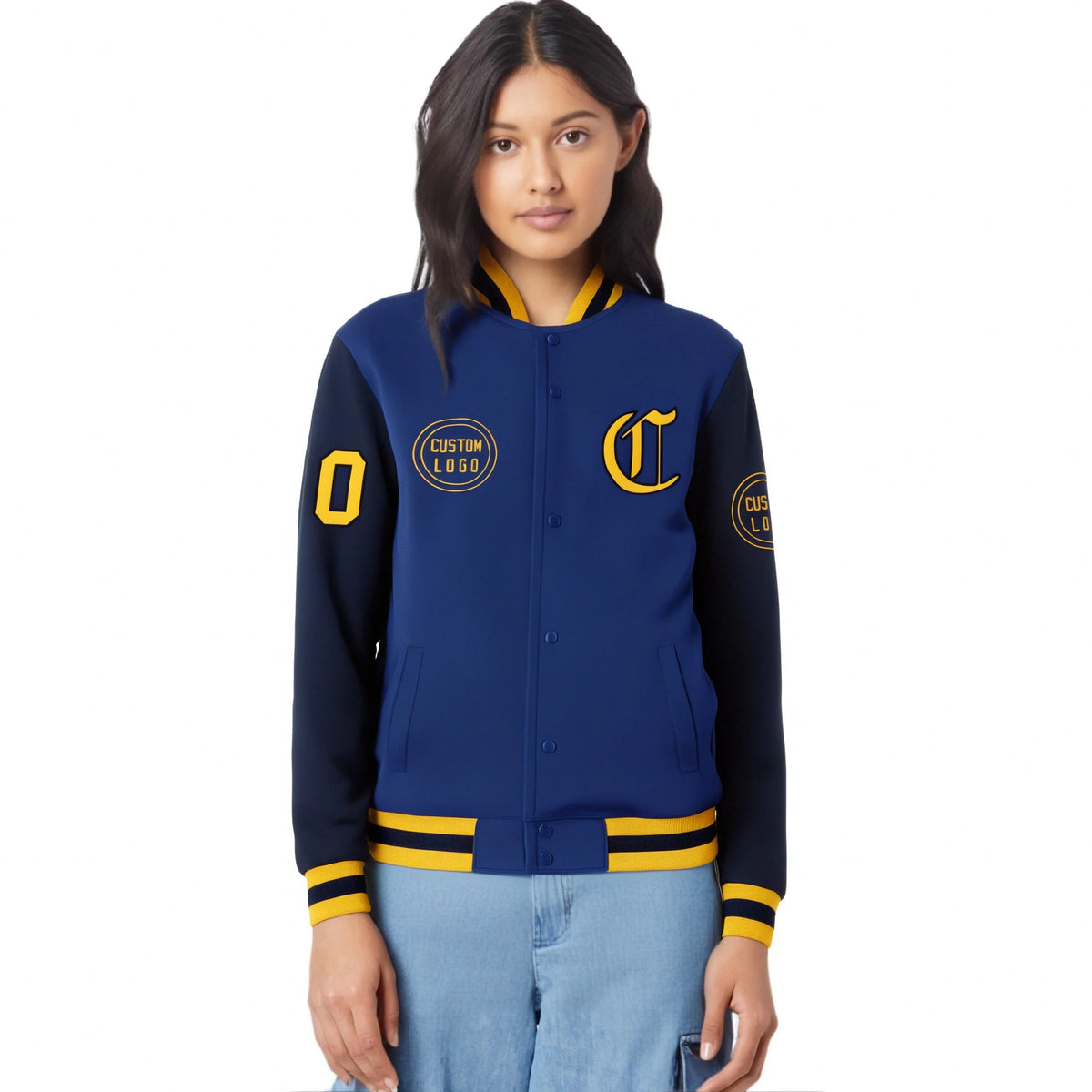 Custom Royal Blue Navy Bomber Full-Snap Varsity Letterman Two Tone Jacket