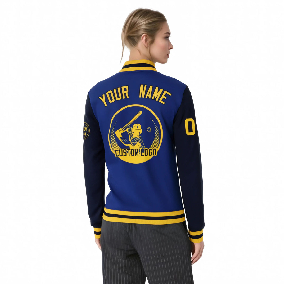 Custom Royal Blue Navy Bomber Full-Snap Varsity Letterman Two Tone Jacket