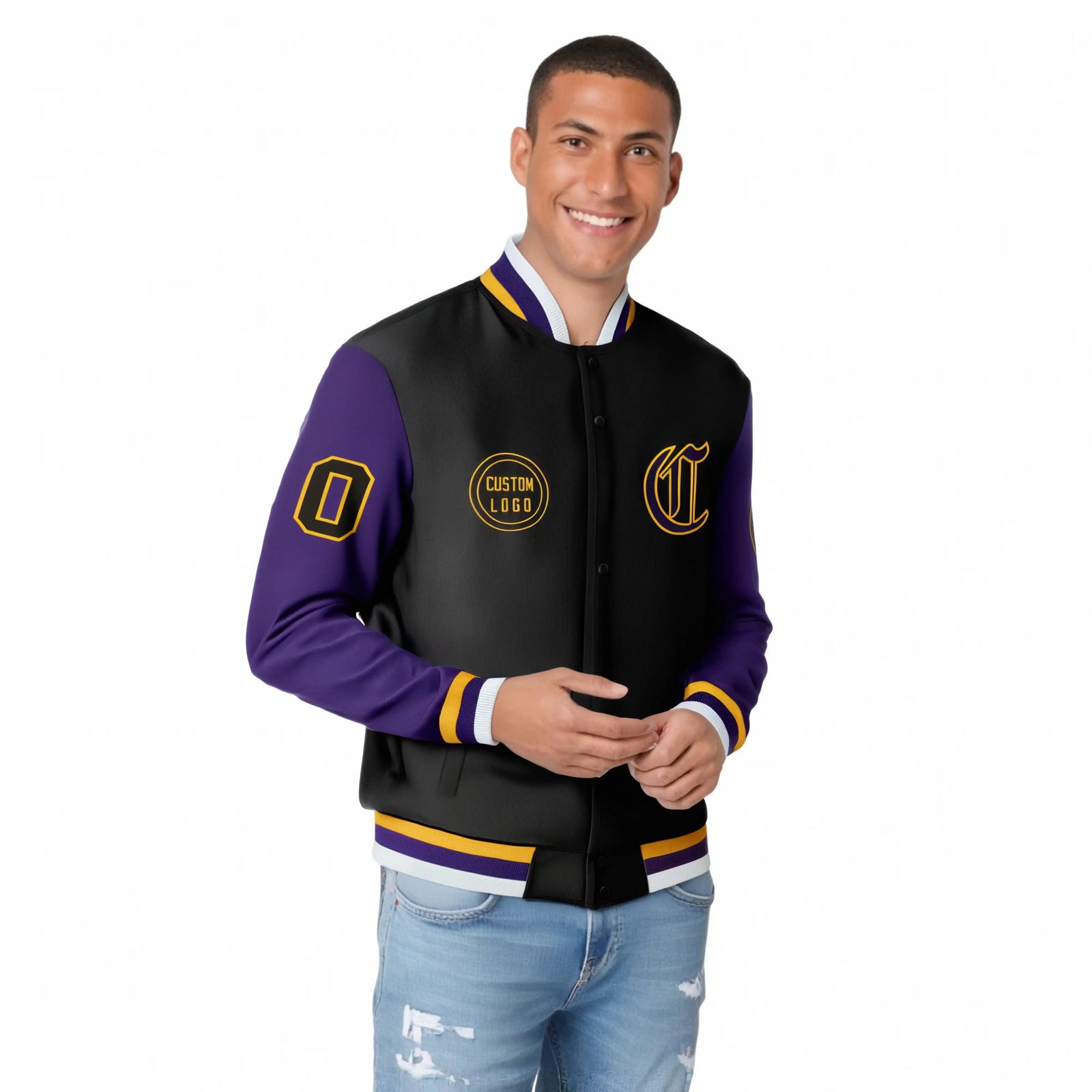 Custom Black Purple Bomber Full-Snap Varsity Letterman Two Tone Jacket