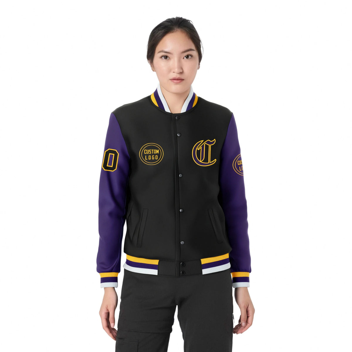 Custom Black Purple Bomber Full-Snap Varsity Letterman Two Tone Jacket