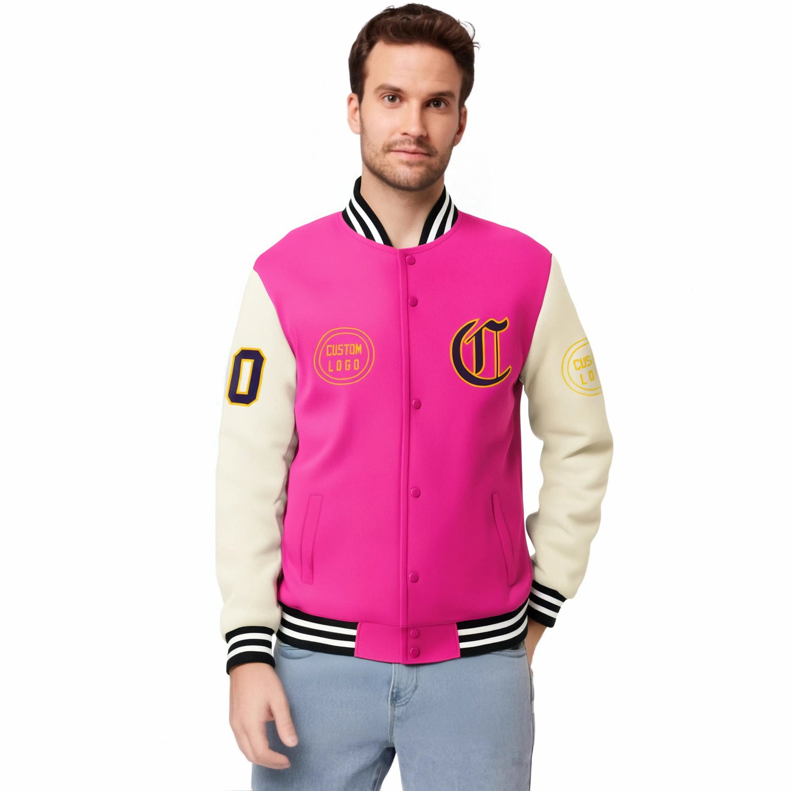 Custom Pink Cream Bomber Full-Snap Varsity Letterman Two Tone Jacket