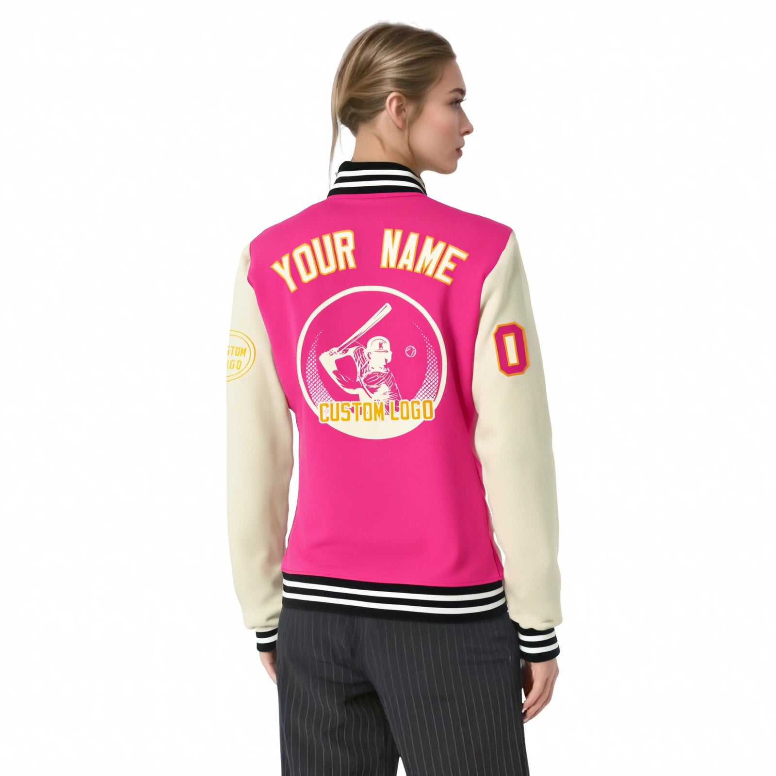 Custom Pink Cream Bomber Full-Snap Varsity Letterman Two Tone Jacket
