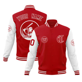 Chaqueta universitaria bicolor con cierre completo, roja y blanca, estilo aviador, personalizada