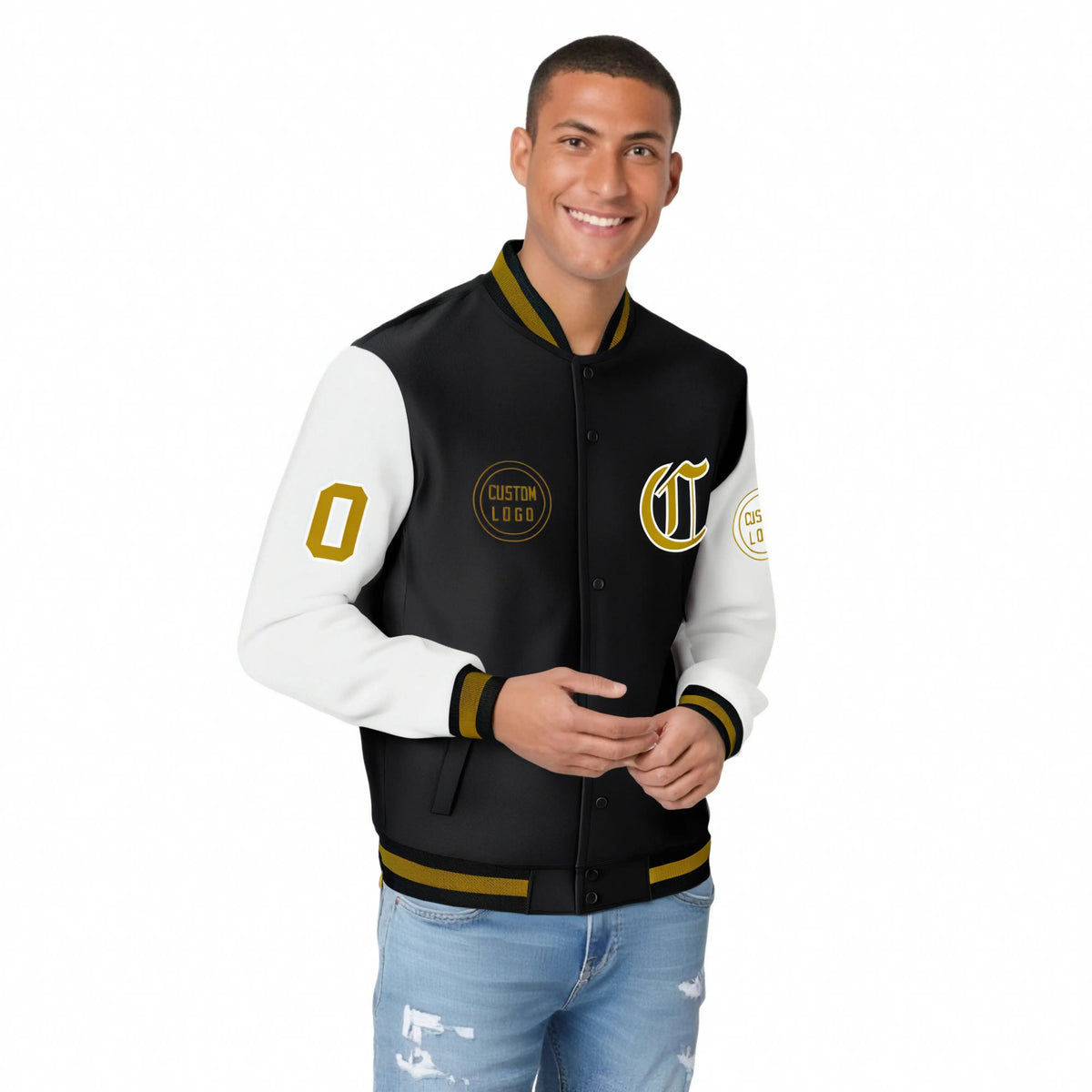 Custom Black White Bomber Full-Snap Varsity Letterman Two Tone Jacket