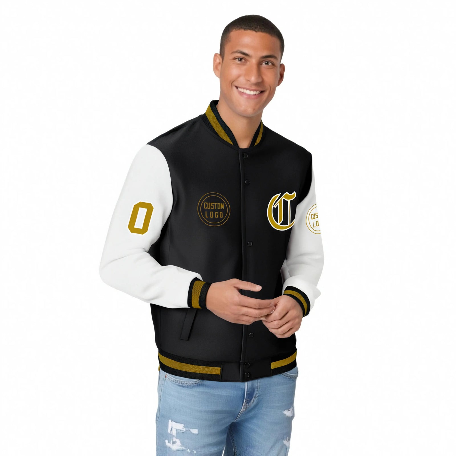 Custom Black White Bomber Full-Snap Varsity Letterman Two Tone Jacket