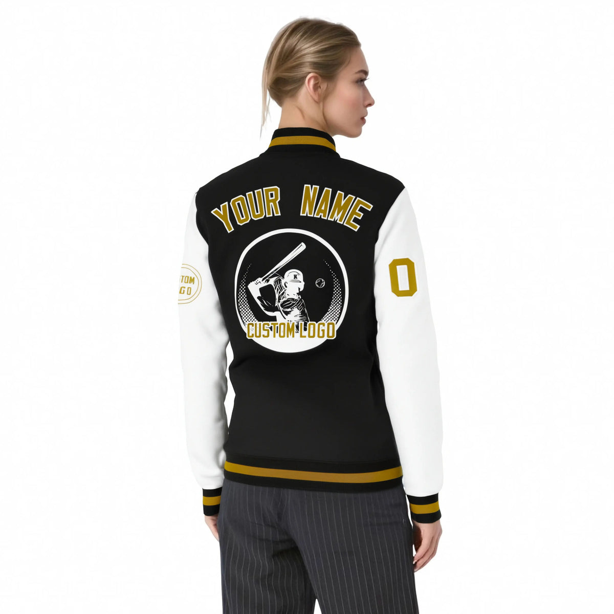 Custom Black White Bomber Full-Snap Varsity Letterman Two Tone Jacket