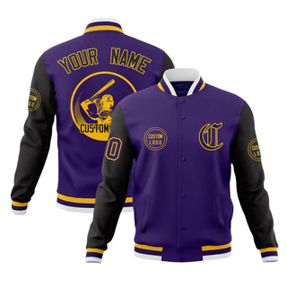 Chaqueta universitaria bicolor personalizada, color morado y negro, con cierre completo y estilo Letterman