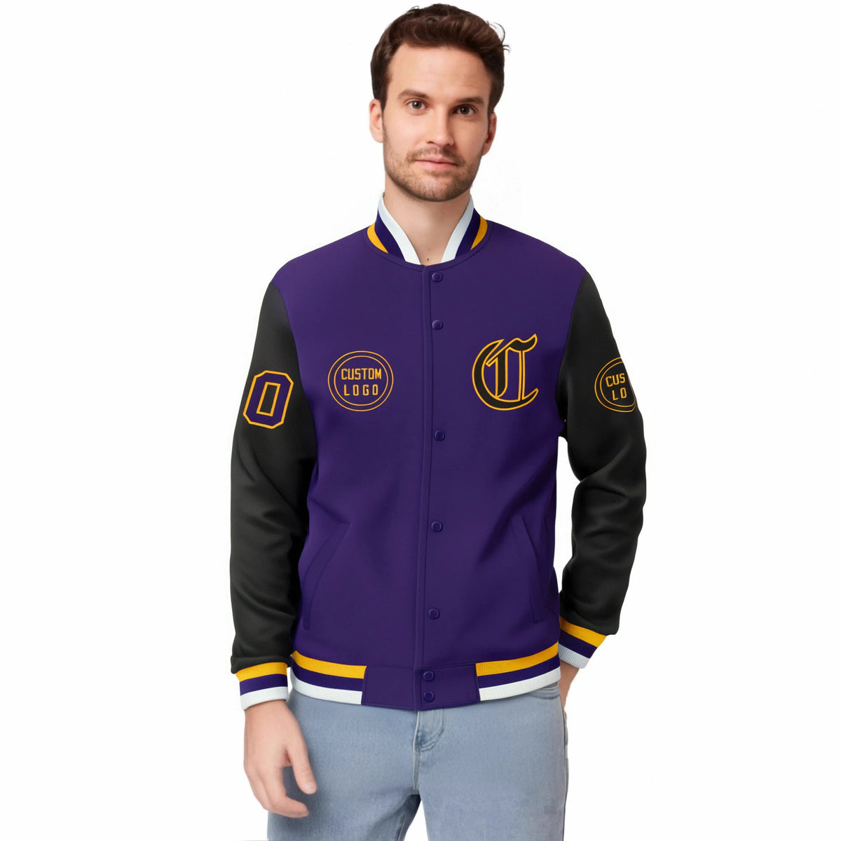 Custom Purple Black Bomber Full-Snap Varsity Letterman Two Tone Jacket