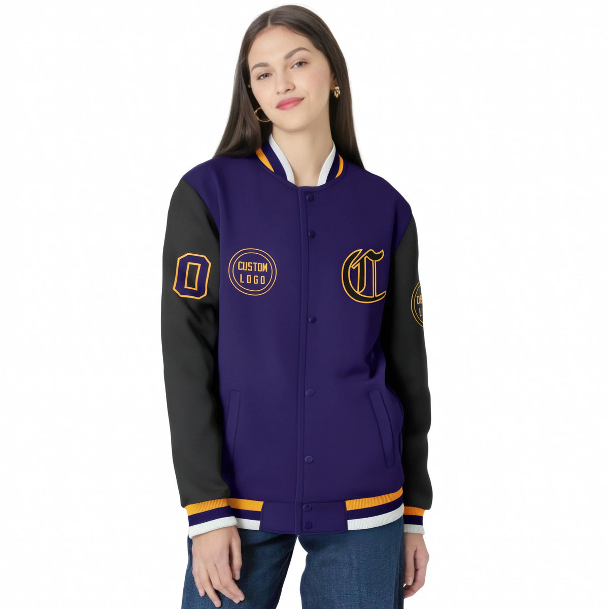 Custom Purple Black Bomber Full-Snap Varsity Letterman Two Tone Jacket