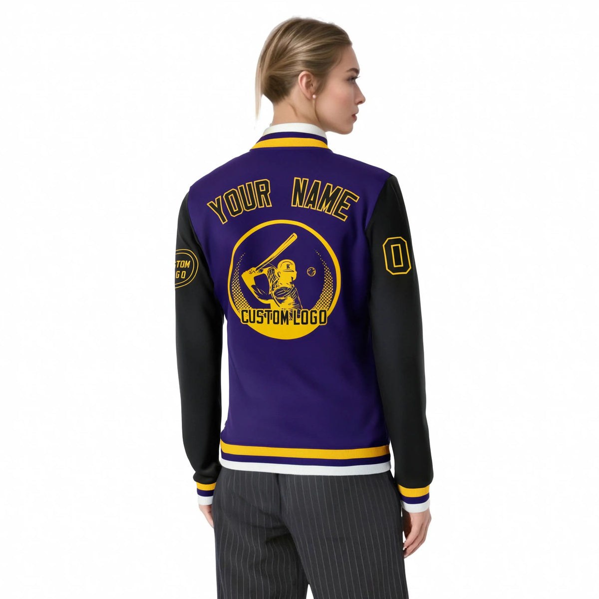 Custom Purple Black Bomber Full-Snap Varsity Letterman Two Tone Jacket