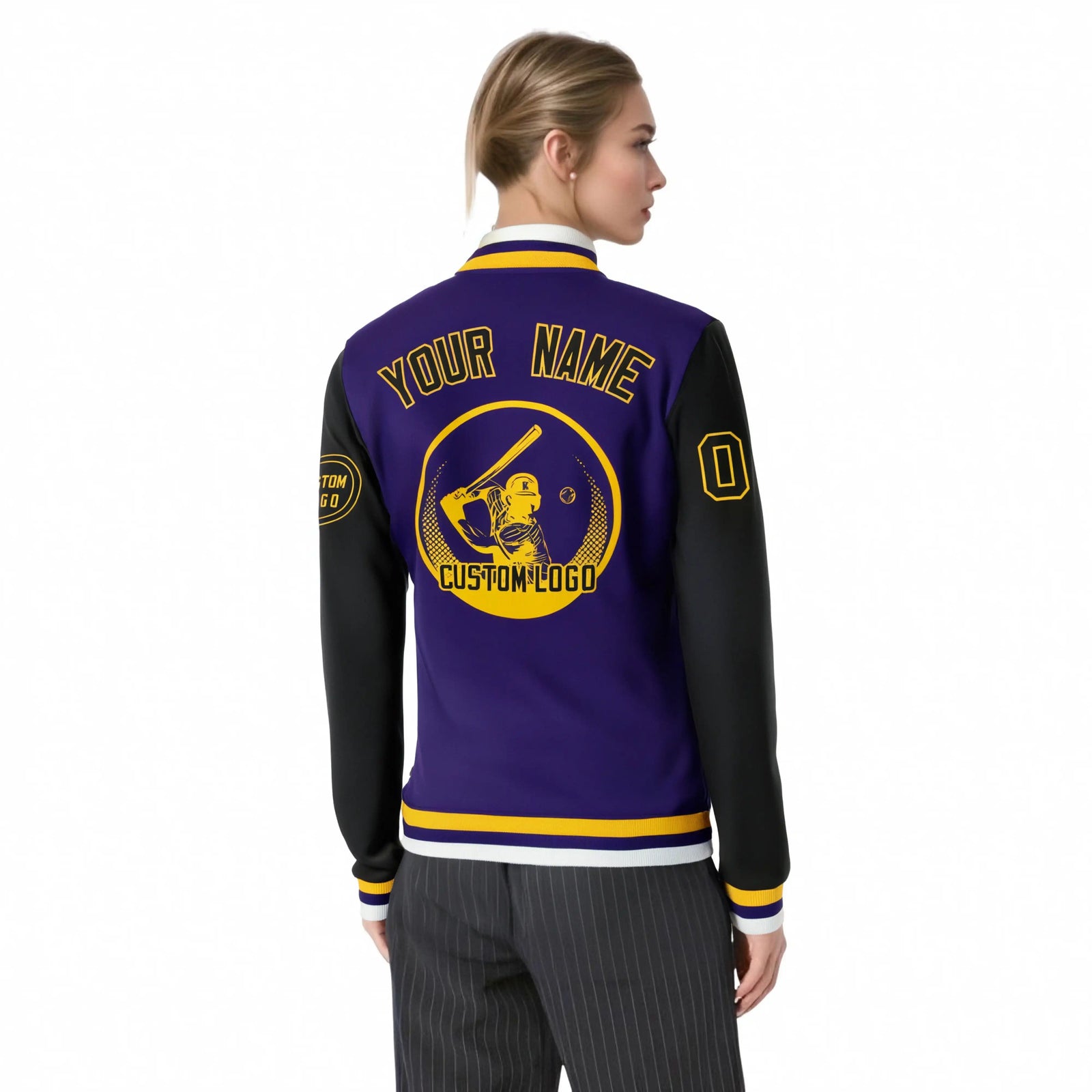 Custom Purple Black Bomber Full-Snap Varsity Letterman Two Tone Jacket