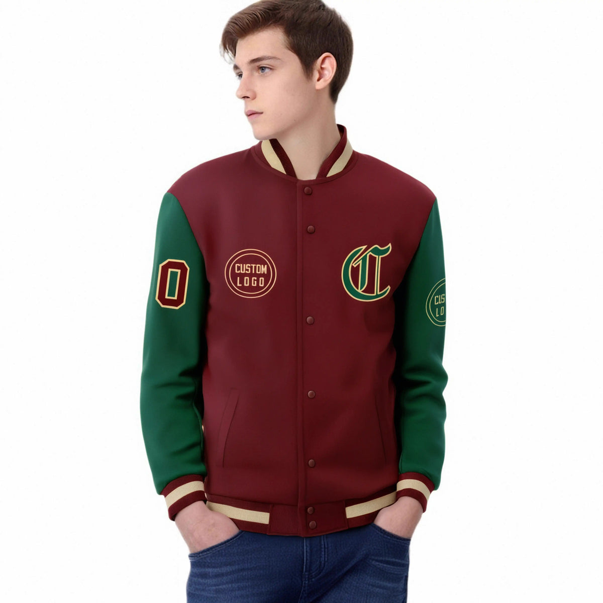 Custom Crimson Green Bomber Full-Snap Varsity Letterman Two Tone Jacket
