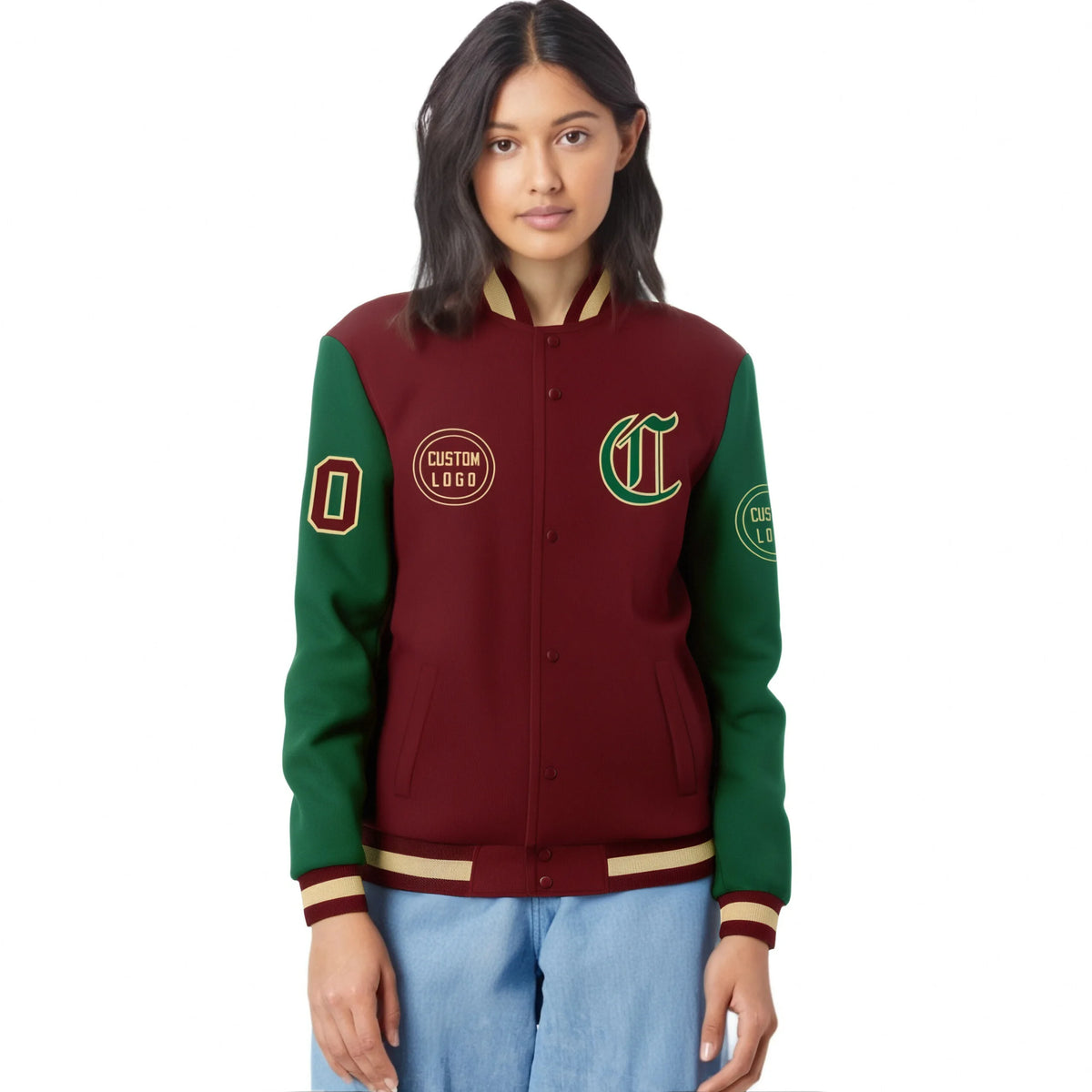 Custom Crimson Green Bomber Full-Snap Varsity Letterman Two Tone Jacket