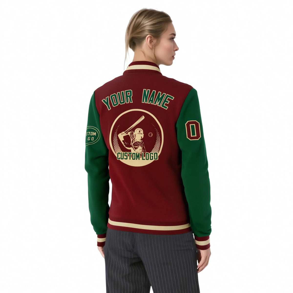 Custom Crimson Green Bomber Full-Snap Varsity Letterman Two Tone Jacket