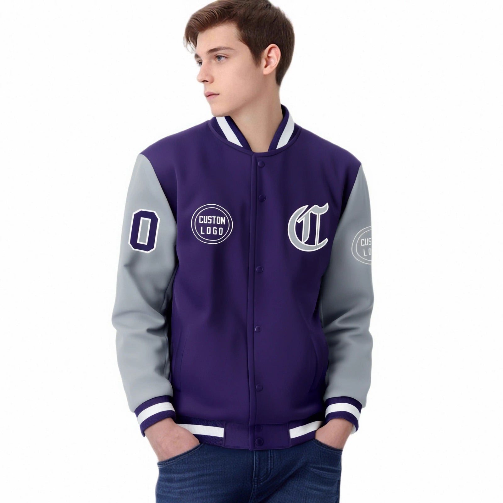 Custom Purple Gray Bomber Full-Snap Varsity Letterman Two Tone Jacket