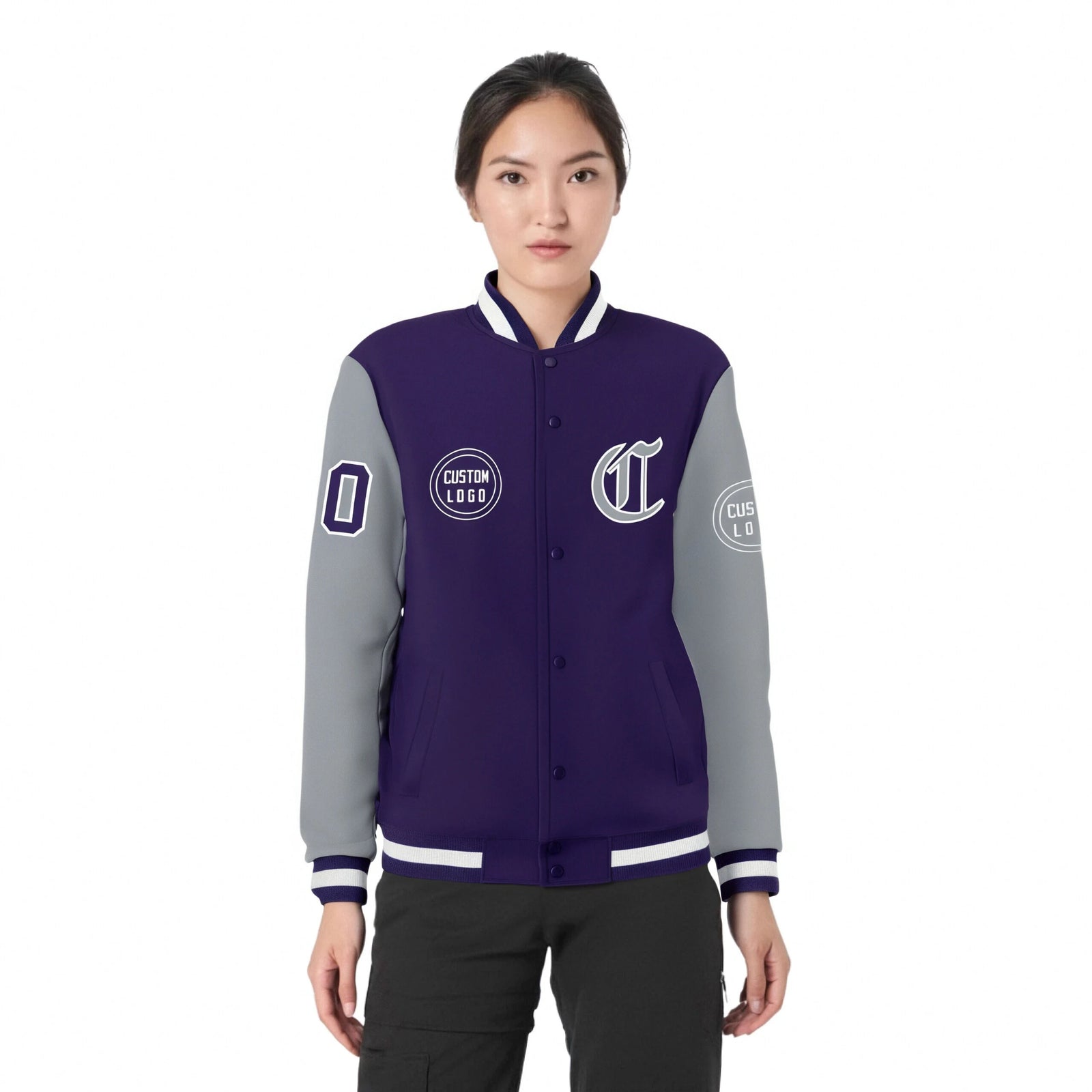 Custom Purple Gray Bomber Full-Snap Varsity Letterman Two Tone Jacket