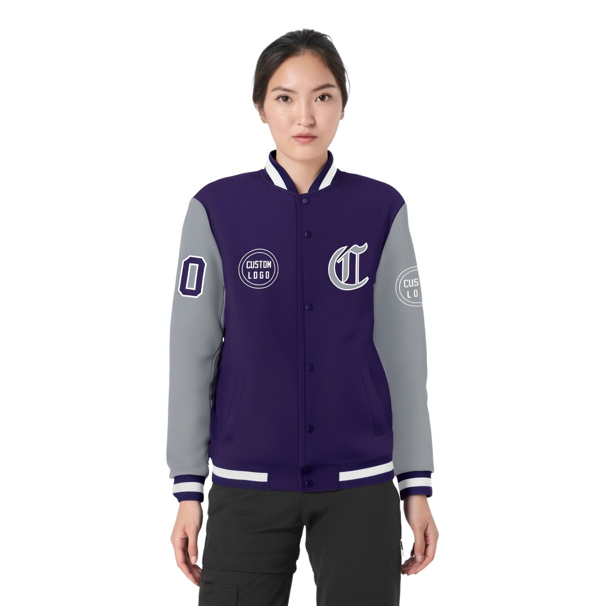 Custom Purple Gray Bomber Full-Snap Varsity Letterman Two Tone Jacket