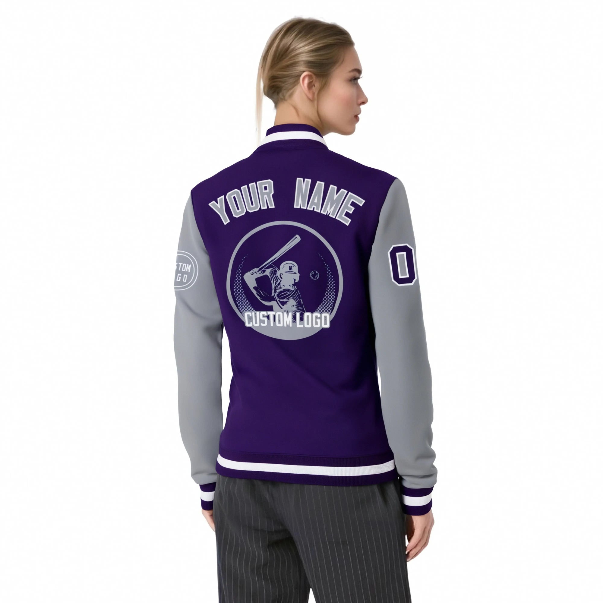 Custom Purple Gray Bomber Full-Snap Varsity Letterman Two Tone Jacket