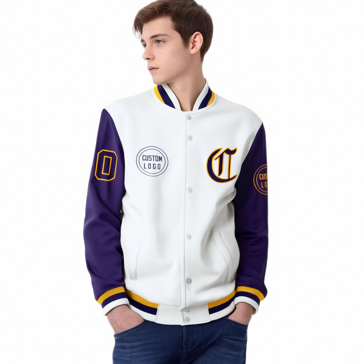 Custom White Purple Bomber Full-Snap Varsity Letterman Two Tone Jacket