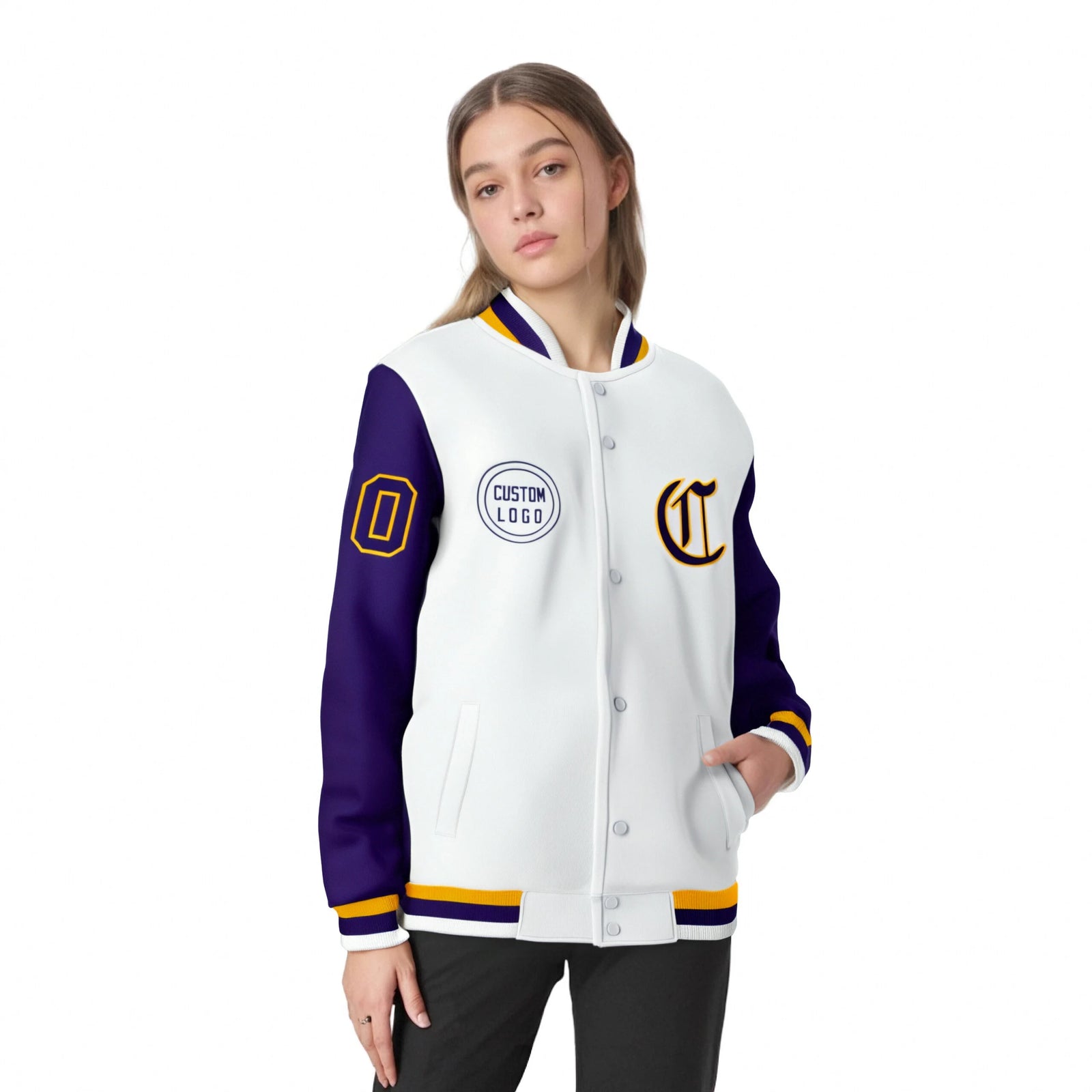Custom White Purple Bomber Full-Snap Varsity Letterman Two Tone Jacket