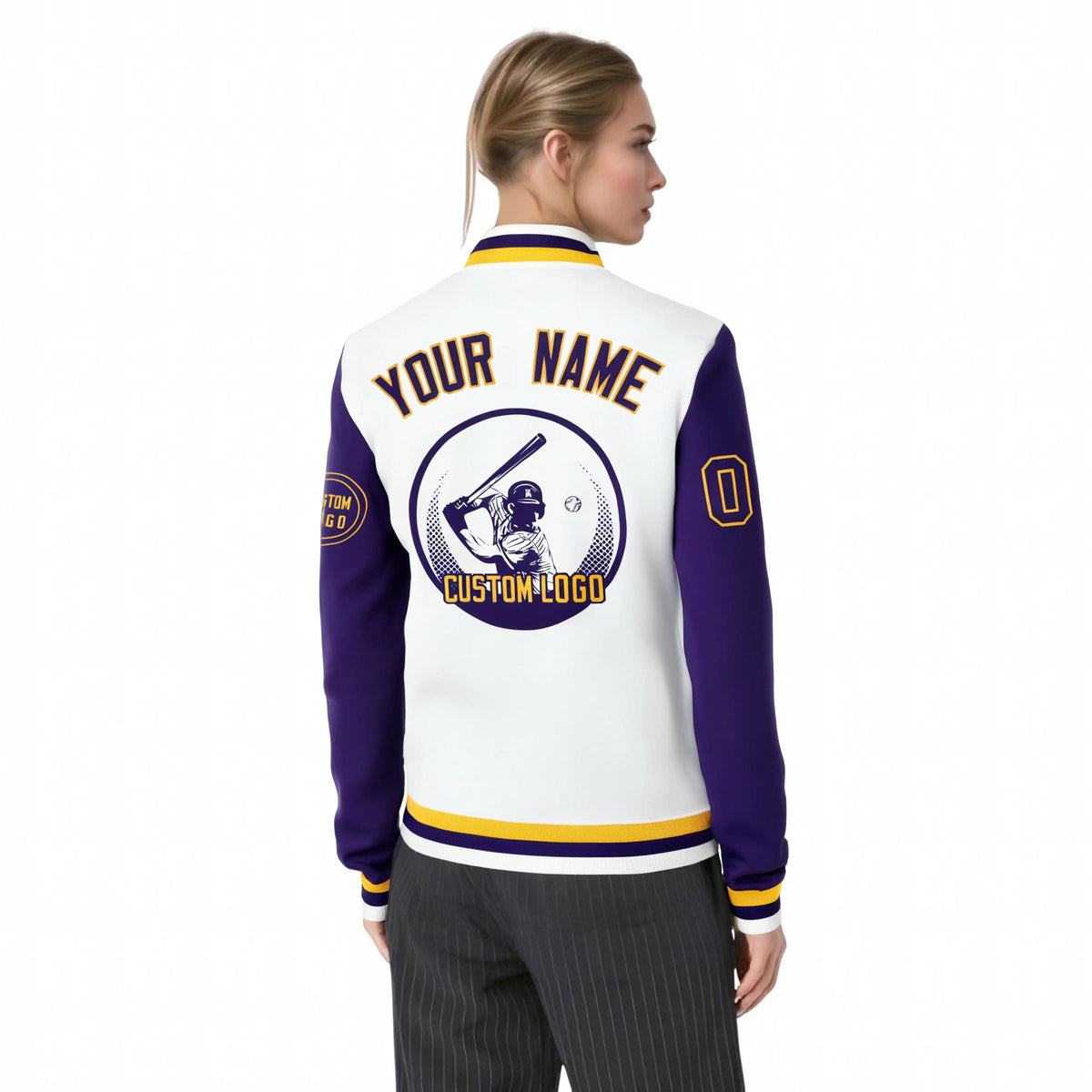 Custom White Purple Bomber Full-Snap Varsity Letterman Two Tone Jacket