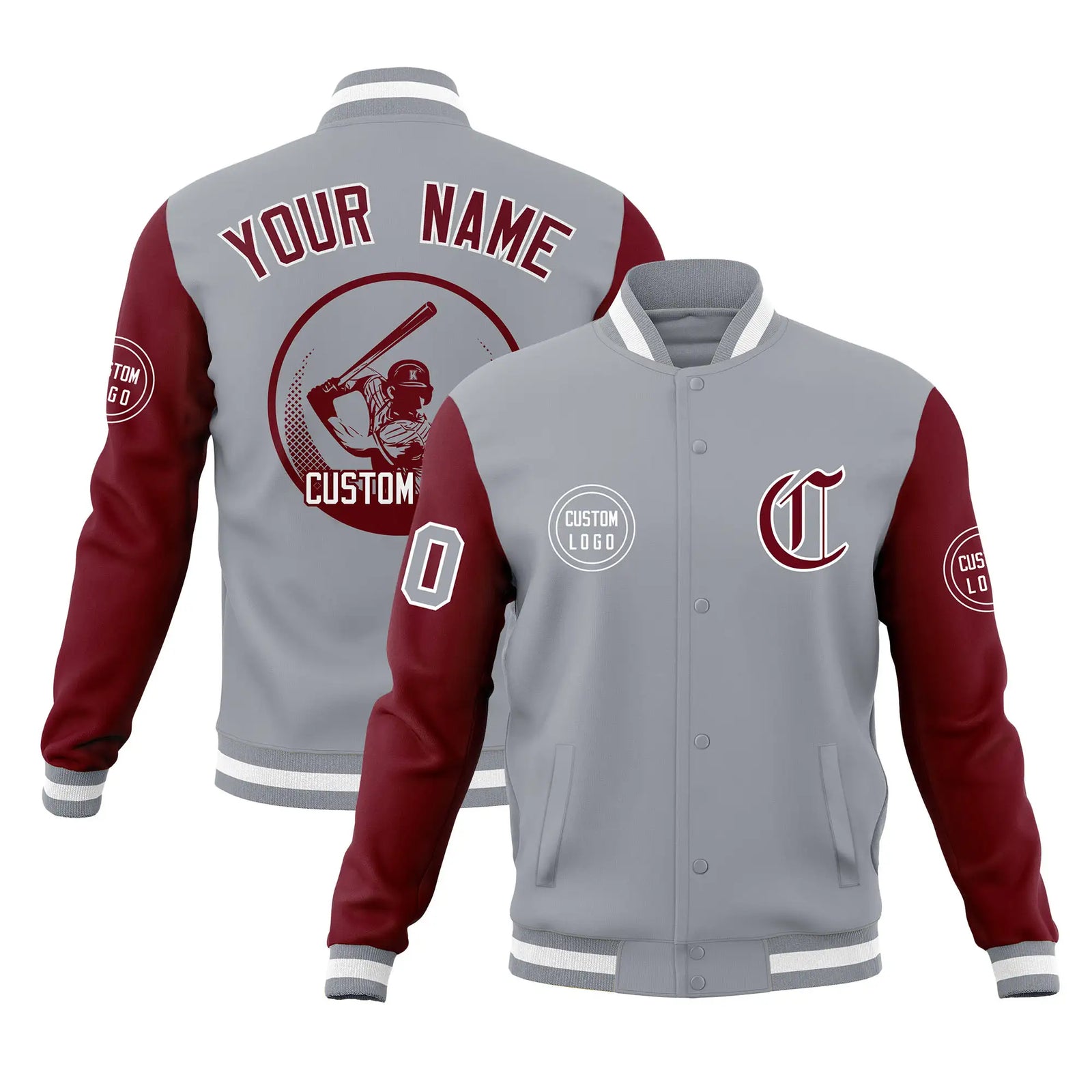 Custom Gray Crimson Bomber Full-Snap Varsity Letterman Two Tone Jacket