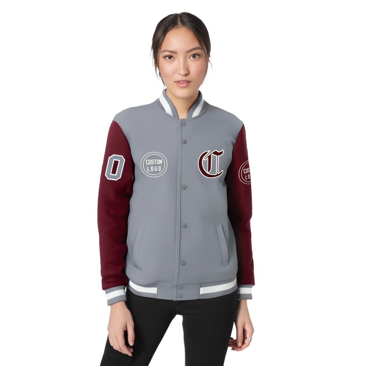 Custom Gray Crimson Bomber Full-Snap Varsity Letterman Two Tone Jacket