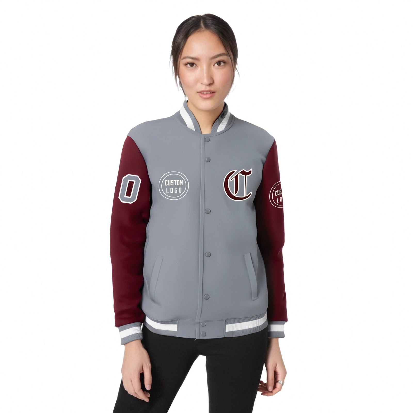 Custom Gray Crimson Bomber Full-Snap Varsity Letterman Two Tone Jacket