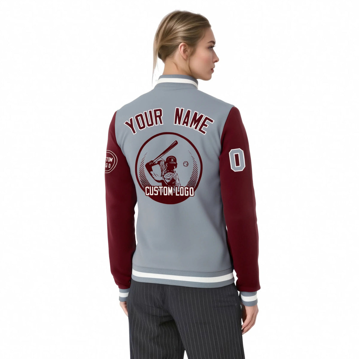 Custom Gray Crimson Bomber Full-Snap Varsity Letterman Two Tone Jacket